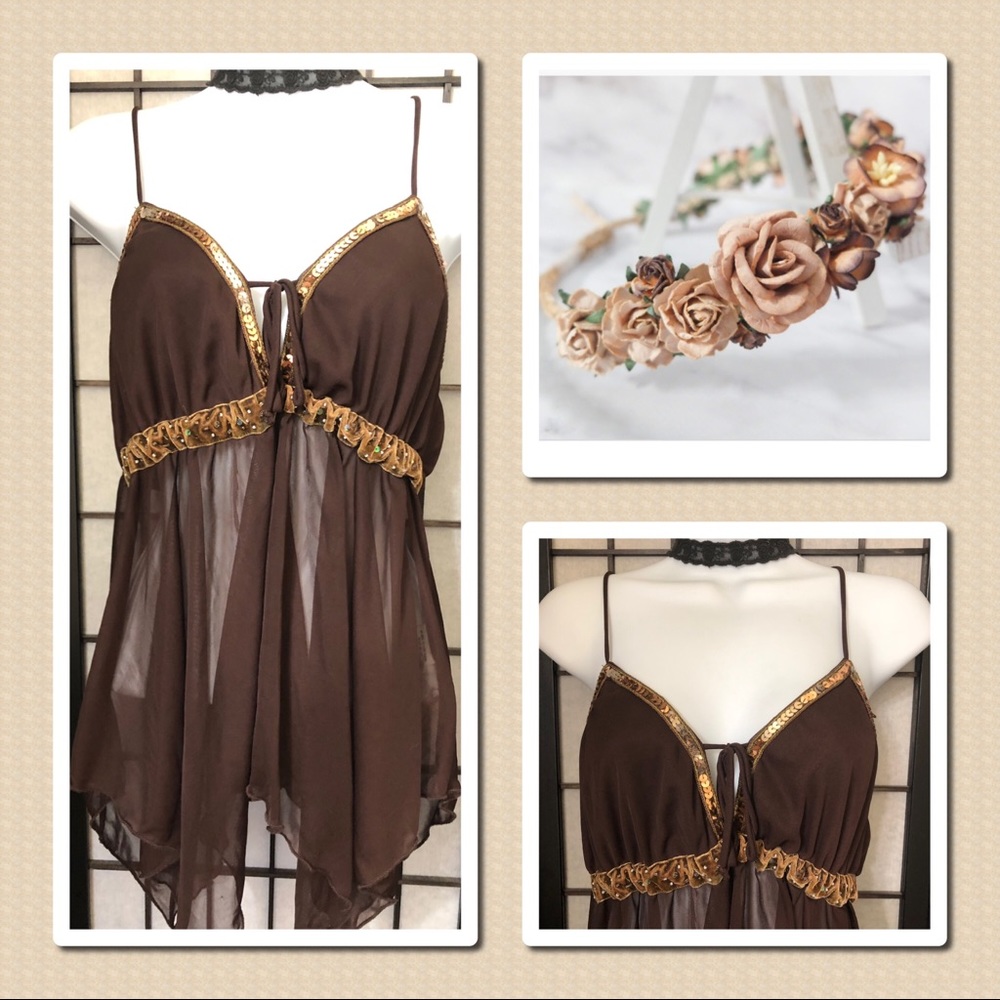EUC Brown Sequins & Sheer Handkerchief Hem Blouse